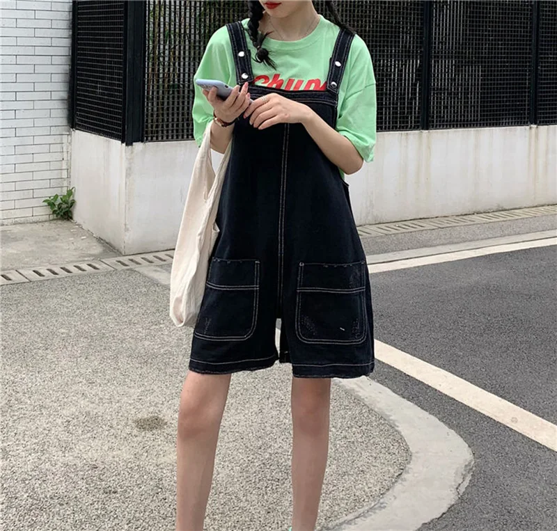 

New 2020 Summer College Style Denim Overalls Women Japan Harajuke Loose High Waist Wide Leg Shorts Female Students Rompers