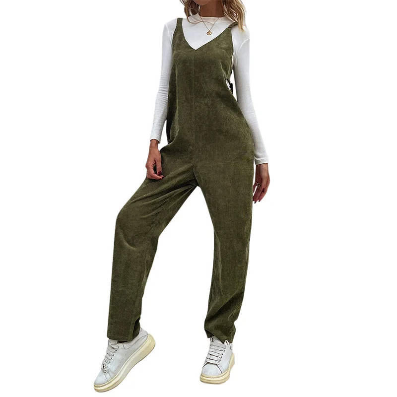 

2021 Autumn and Winter New Sleeveless Fashion Women's Casual Time Jumpsuit V-neck Solid Color Bow Slim-fit Suspender Jumpsuit