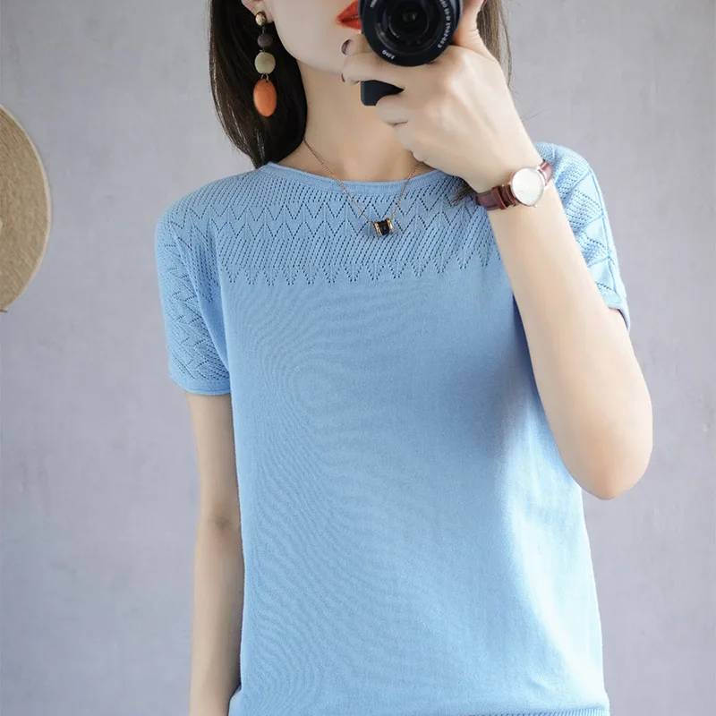 

T-shirt women's summer new style pure cotton knit short-sleeved hollow loose large size solid color round neck pullover T-shirt
