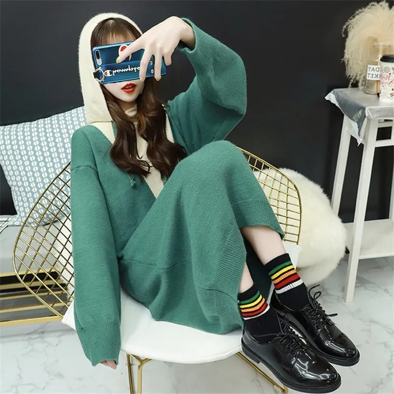 2020 Autumn and Winter New Loose Fashion Hooded Lace Pullover Sweater Women Mid-length Korean Sweet College Style Top | Женская одежда