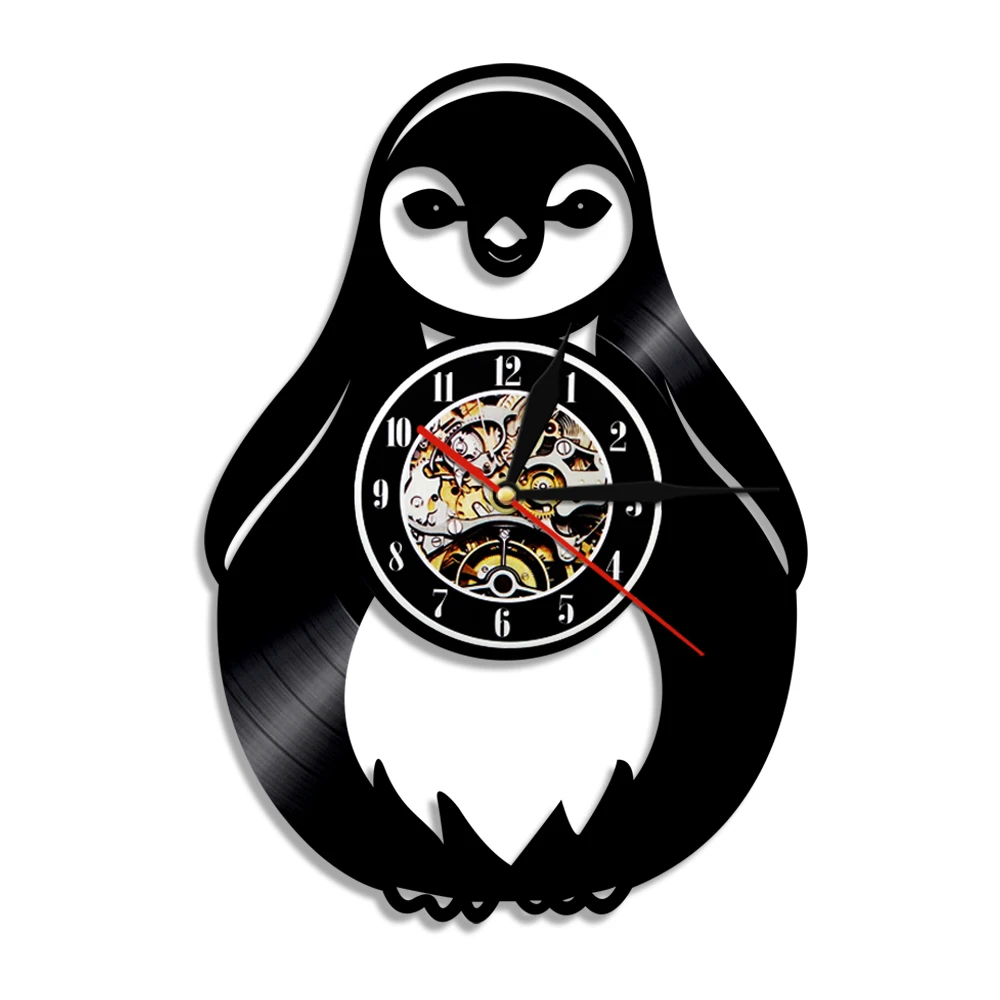 Penguin Silhouette Wall Clock Vinyl Record Clock Lovely North Pole Animal Handmade Wall Art Nursery Decor For Kids' Room
