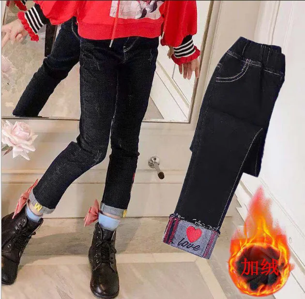 Зимние штаны для девочек флисовые джинсы Детские теплые узкие брюки детские