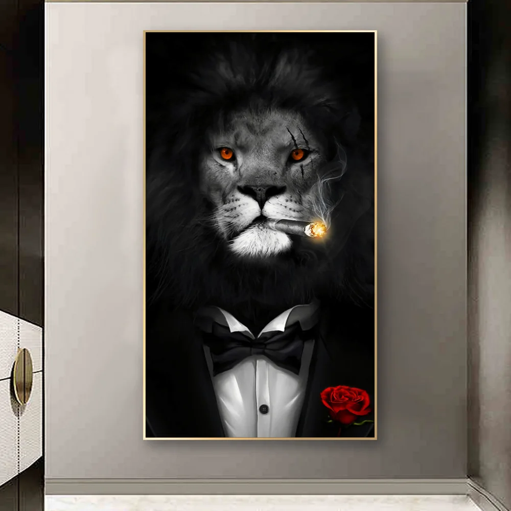 Картина на холсте "Курящий черный лев в костюме" - искусство на стену, постер и печать с изображением животных для украшения гостиной.