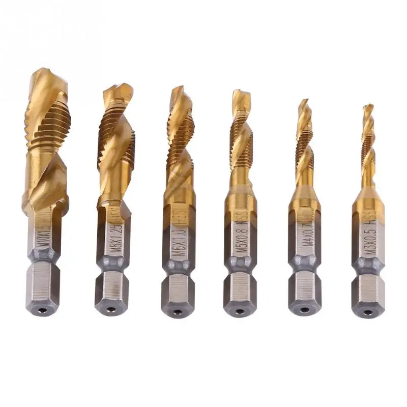 

Metric Thread M3-M10 Titanium Coated Hex Shank HSS Drill and Tap Bits 6pcs