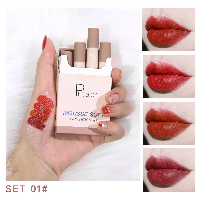 

New 4 Color Cigarette Lipstick Set Velvet Matte Lasting Waterproof Moisturizing Silky Lip Balm Sexy Red Shimmer Women Lips Makeu