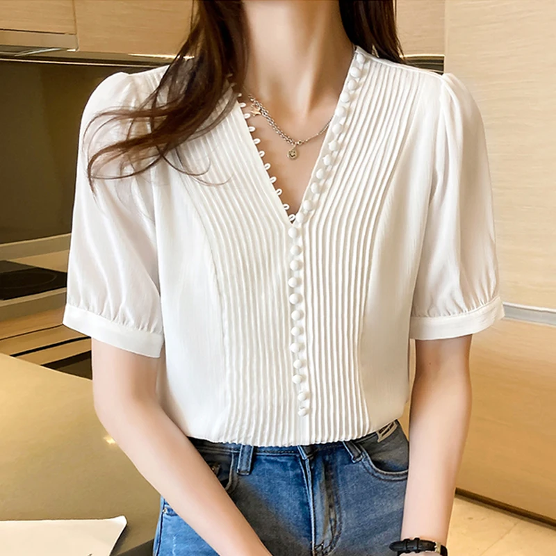 

2022 Summer Short Sleeve Chiffon Blouse Women V-Neck Top White Blouse Women Tops Blusas Mujer De Moda Shirt Femme Elegant 18325