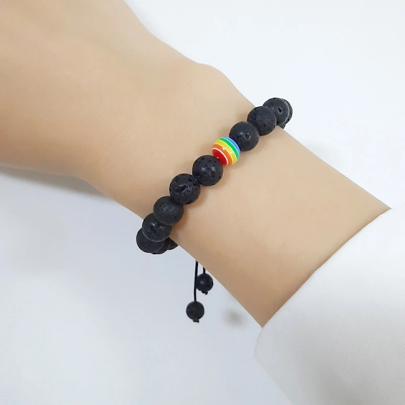 Браслет из лавового камня с бусинами минималистичный Черный Плетеный веревочный