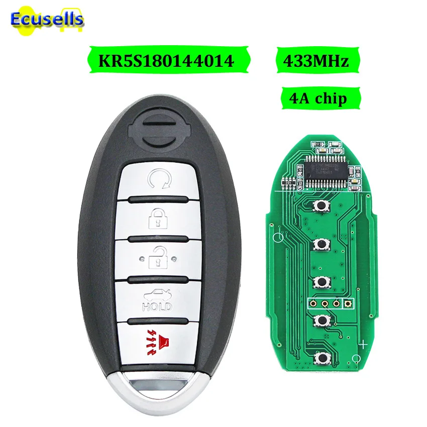 Умный ключ 5 кнопок 433mhz 4A чип для Ниссан алтима Максима Pathfinder 2013- Fcc# KR5S180144014 S180144020 с вставным ключом