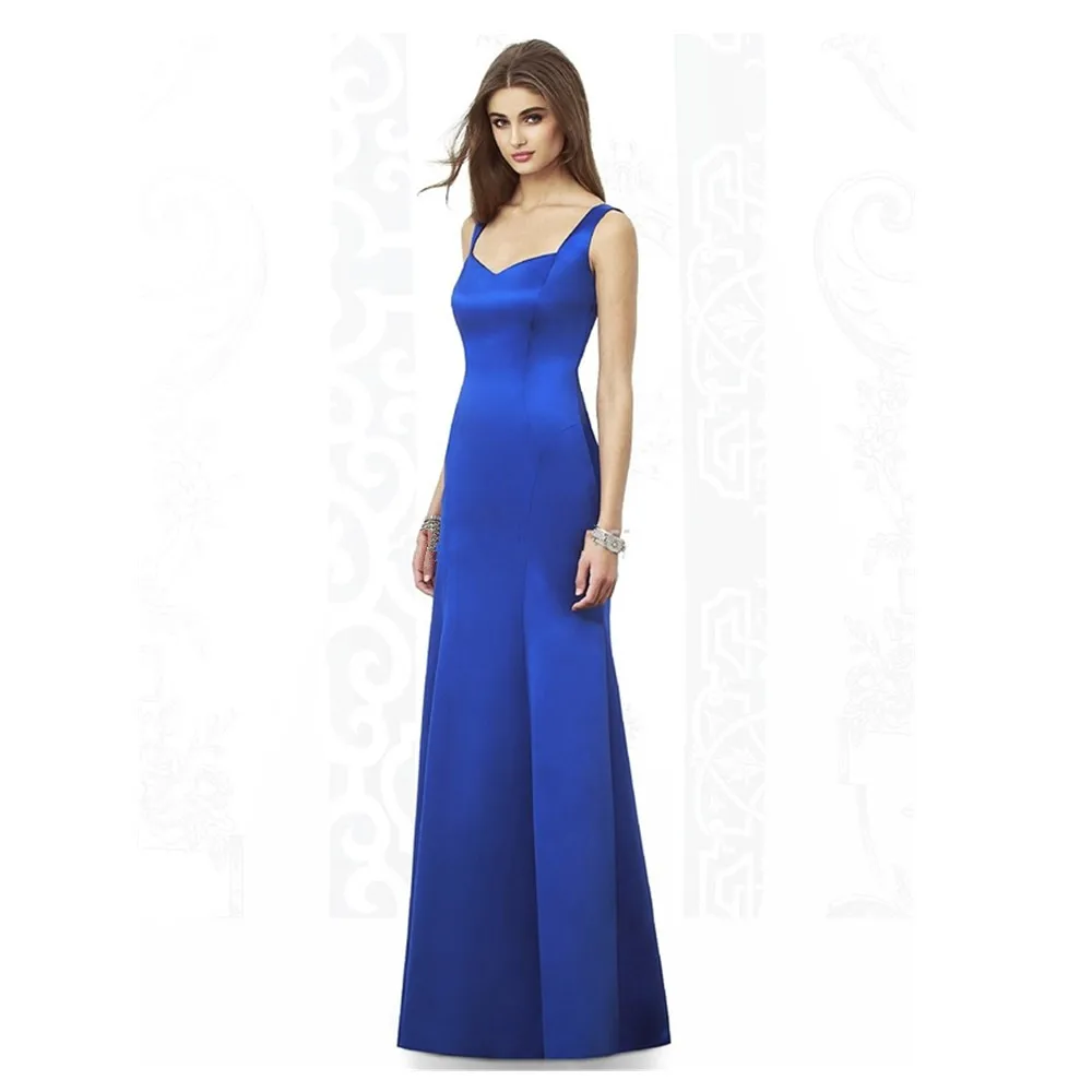 

Fashion Royal Blue V Neck Straps Backless Bridesmaid Dresses Full Length Draped Eye-Catching Prom Gown Dresses