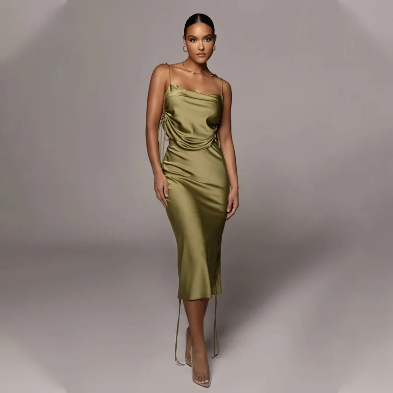Ruched Satin Summer Dress Drawstring Spaghetti Straps Cowl Neck Backless Sleeveless Dresses For Women Party Sexy Vestidos |