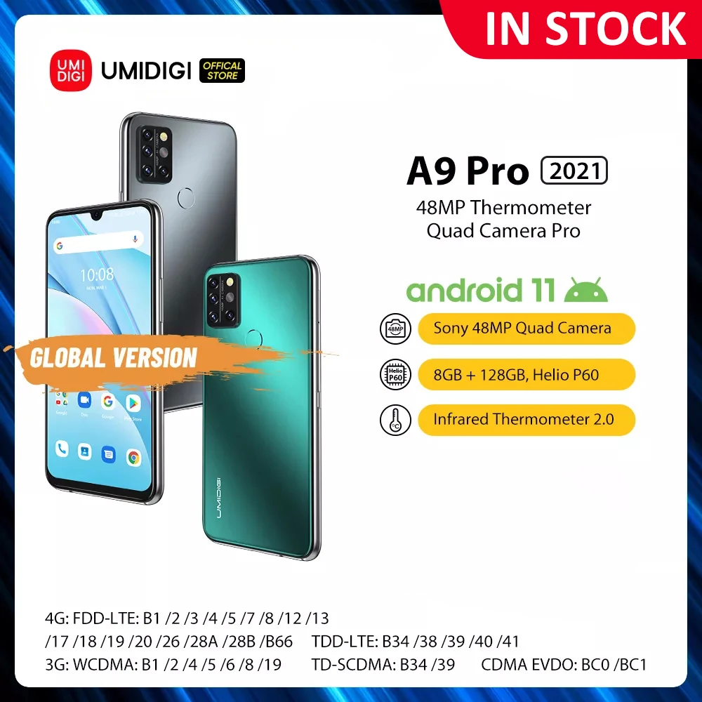 

UMIDIGI A9 Pro 2021 Android 11 RAM 8GB 128GB Samrtphone 48MP AI Matrix Quad Camera Helio P60 Octa Core 6.3"FHD+ Display 4150mAh