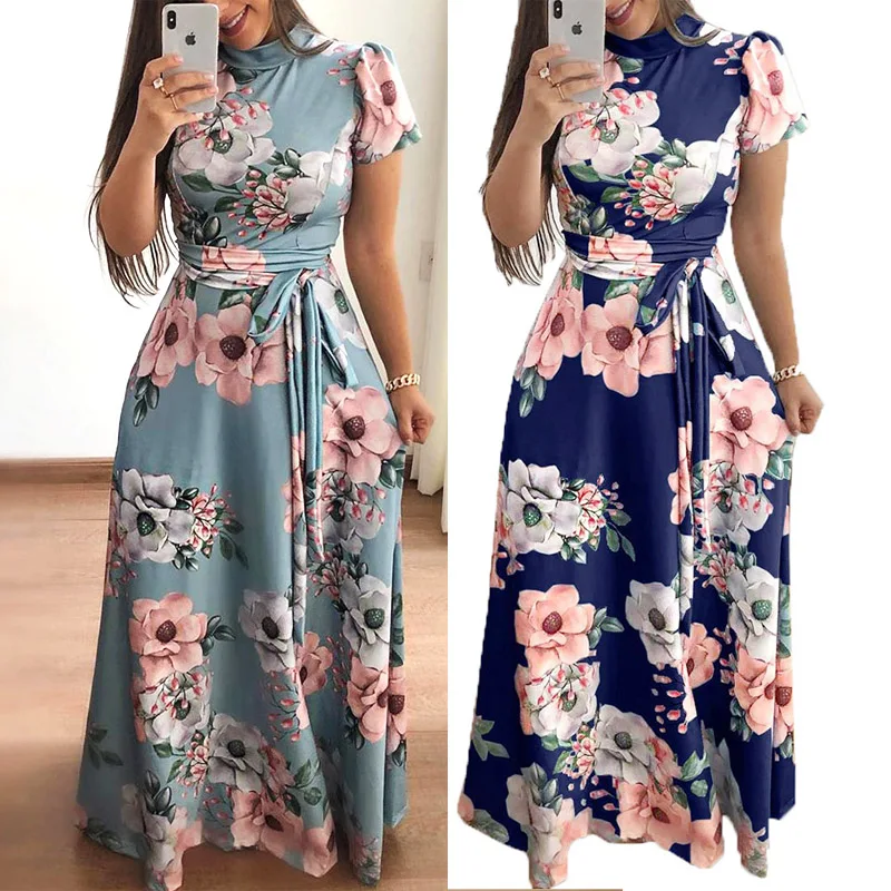 

Plus size women's summer long super long dress 2020 casual long sleeve flower print dress casual high collar bandage Vestidos
