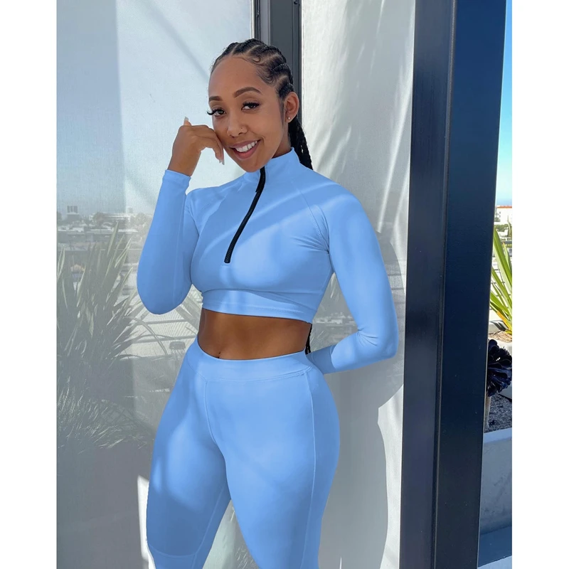 

TNNAOFF Trendy Solid Skinny Stretch Two Piece Tracksuits Women Set Long Sleeve Crop Tops Sexy Sweatpans Streetwear Matching Sets
