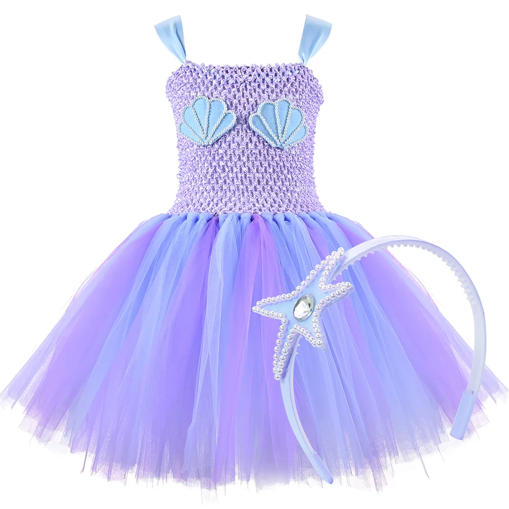 Mermaid Princess Tutu Dress with Headband Blue Purple Under The Sea Shell Tulle Girl Birthday Party Kids Halloween Costume | Детская