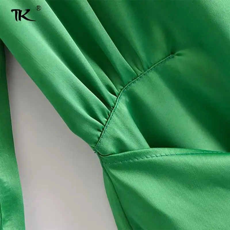 

Women's Solid Satin Long Sleeves Mini Dresses Round Collar Lace-Up Green Dress Slim For Women Casual Elegant Summer Fashion 2021
