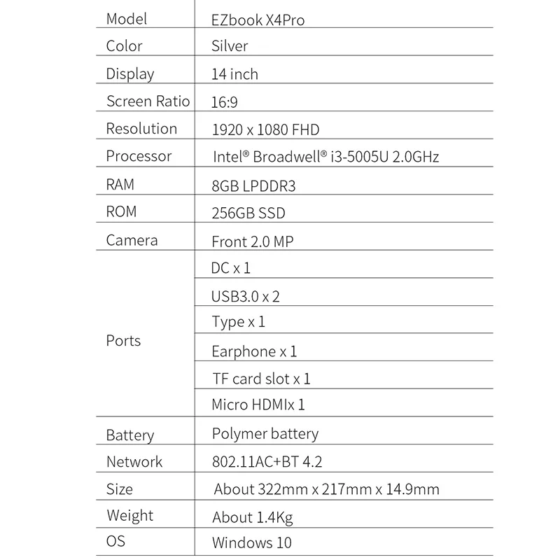 Ноутбук Jumper Ezbook X4 Pro 14 дюймов Fhd Intel Core I3-5005U 8 ГБ ОЗУ 256 Гб ПЗУ Ssd двухдиапазонный Wifi
