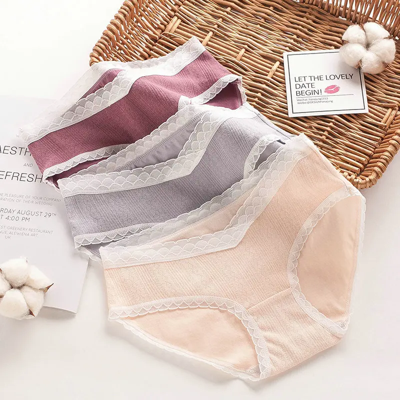 Bragas de maternidad de algod&oacute;n transpirables para mujeres embarazadas, ropa interior de vientre de cintura baja con encaje, bragas de embarazo, 3 unids/paquete-0