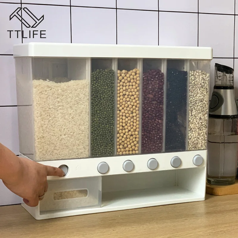 

Настенный дозатор TTLIFE для риса, пластиковый автоматический контейнер для хранения риса, влагостойкий, герметичный, 10 кг, 6 шт.