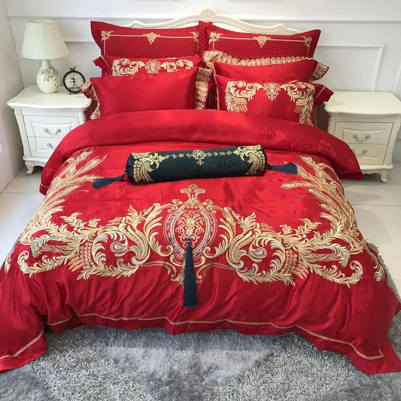 

J/6/8/9Pcs luxury Silk Cotton Jacquard Eastern phoenix wedding Bedding Set Duvet cover set Bedsheet Pillowcases Queen King Size
