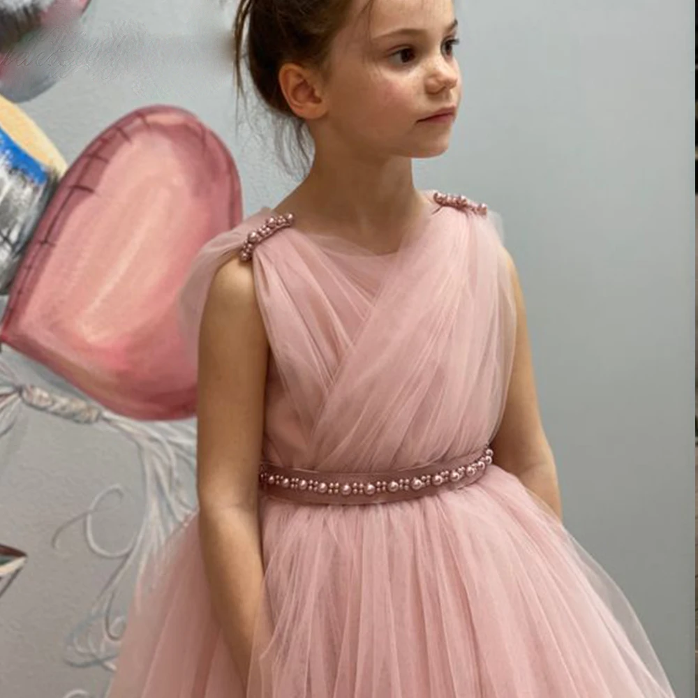 Недорогие Длинные свадебные платья для девочек-подростков нежно-розовый тюль