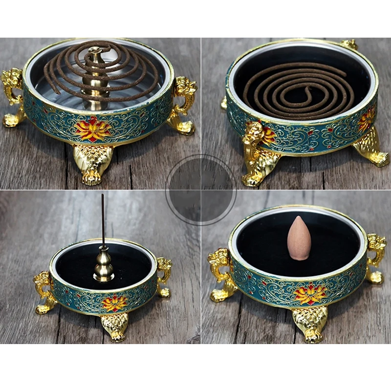 Антикварная горелка для тибетских благовоний окрашенная эмалью металлическая