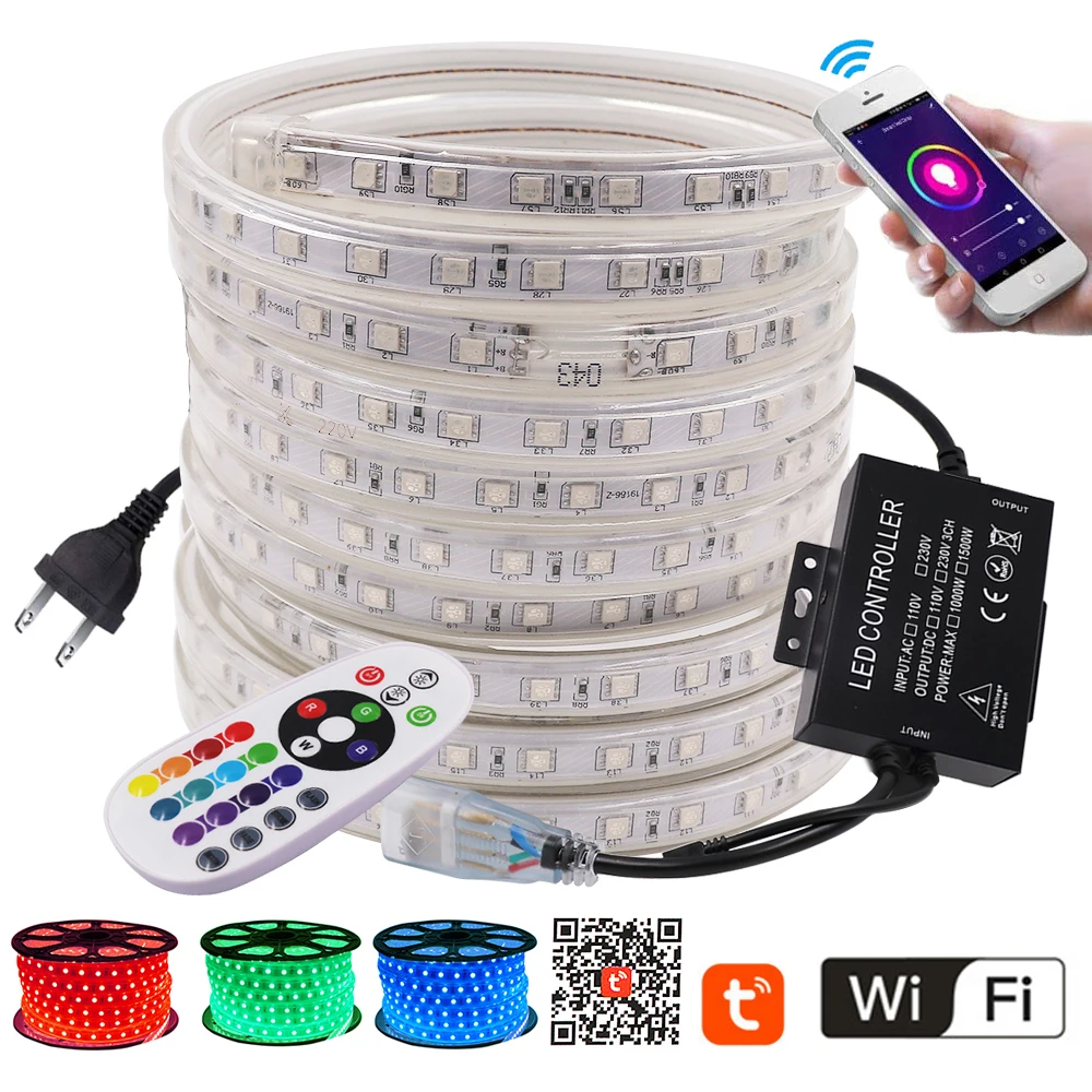 

220V 110V RGB LED Strip Lamp WIFI Control 1500W Controller+24key Remote Waterproof Flexible Tape LED Rope Light