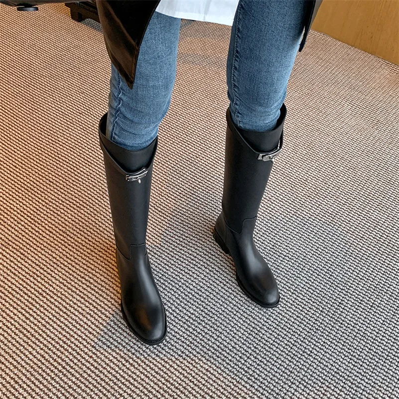 

Meotina Women Riding Boots Shoes Buckle Genuine Leather Mid Heel Knee-High Boots Slip-On Long Boots Female Autumn Winter Black