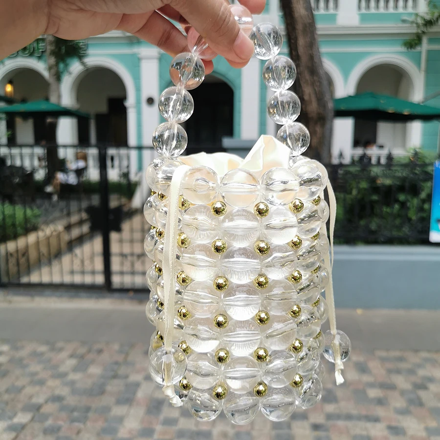 

Luxury Big Pearl Bucket Bag Women Chic Handmade Clear Beading Evening Clutch Purses And Handbags Ladies Messenger Bags Dinner