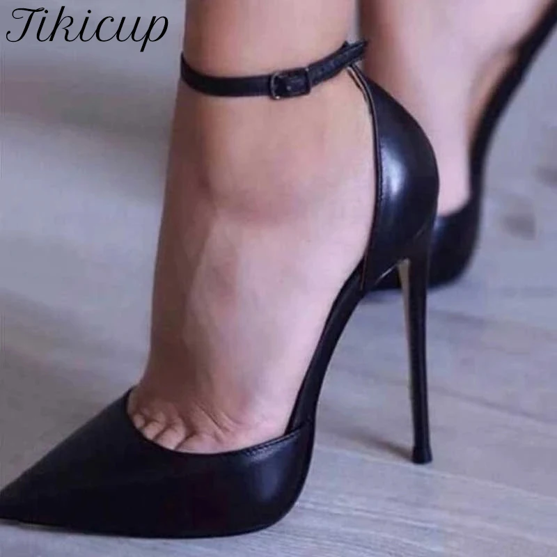 Tikicup couro de patente mulher tornozelo cinta dororsay stiletto bombas apontou toe sexy salto alto sapatos 8cm 10cm 12cm personalizar