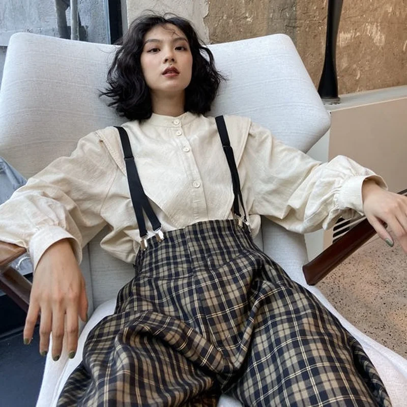 women sets plaid mopping jumpsuits long sleeve stand collar white shirts retro females 2 pecs vintage streetwear spring harajuku free global shipping