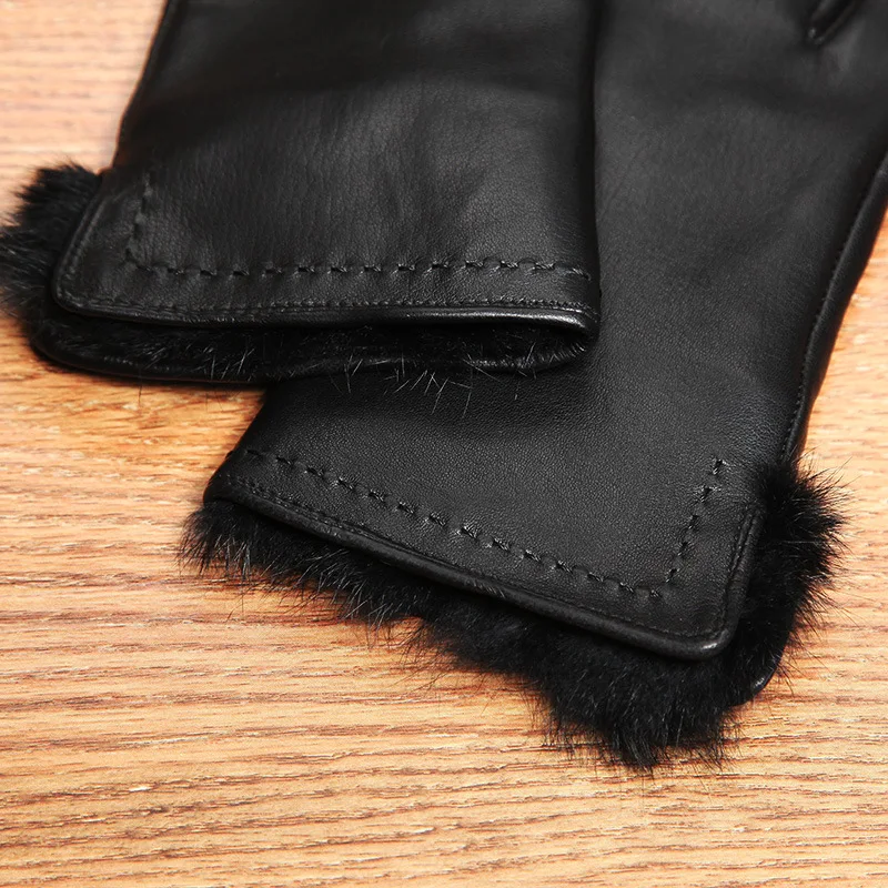 Genuine Leather Women's Gloves Autumn Winter Thermal Plush Lined Wrist Rabbit Hair Black Sheepskin Female L6124-2 | Аксессуары для