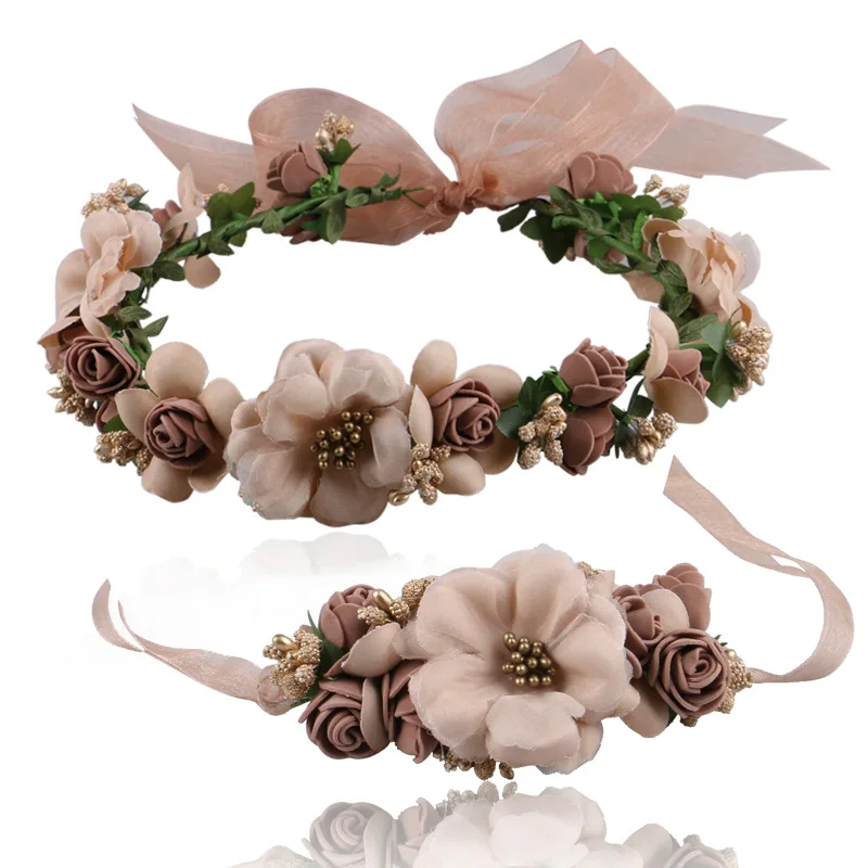 

PE Flower Ribbon Simulation Wreath Wrist Flower Suit Wedding Fashion Headdress European and American New Bridesmaid Wreath