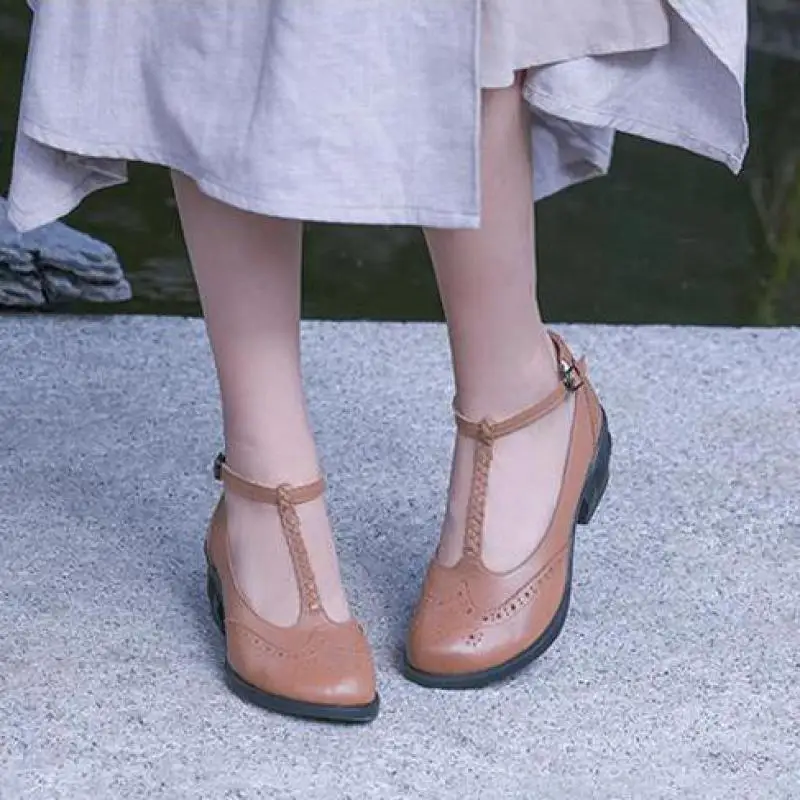 

YourSeason High Heels Women Shallow Summer Vintage Shoes Genuine Leather 2020 Autumn Female Buckle Strap Casual Brogues Sandals