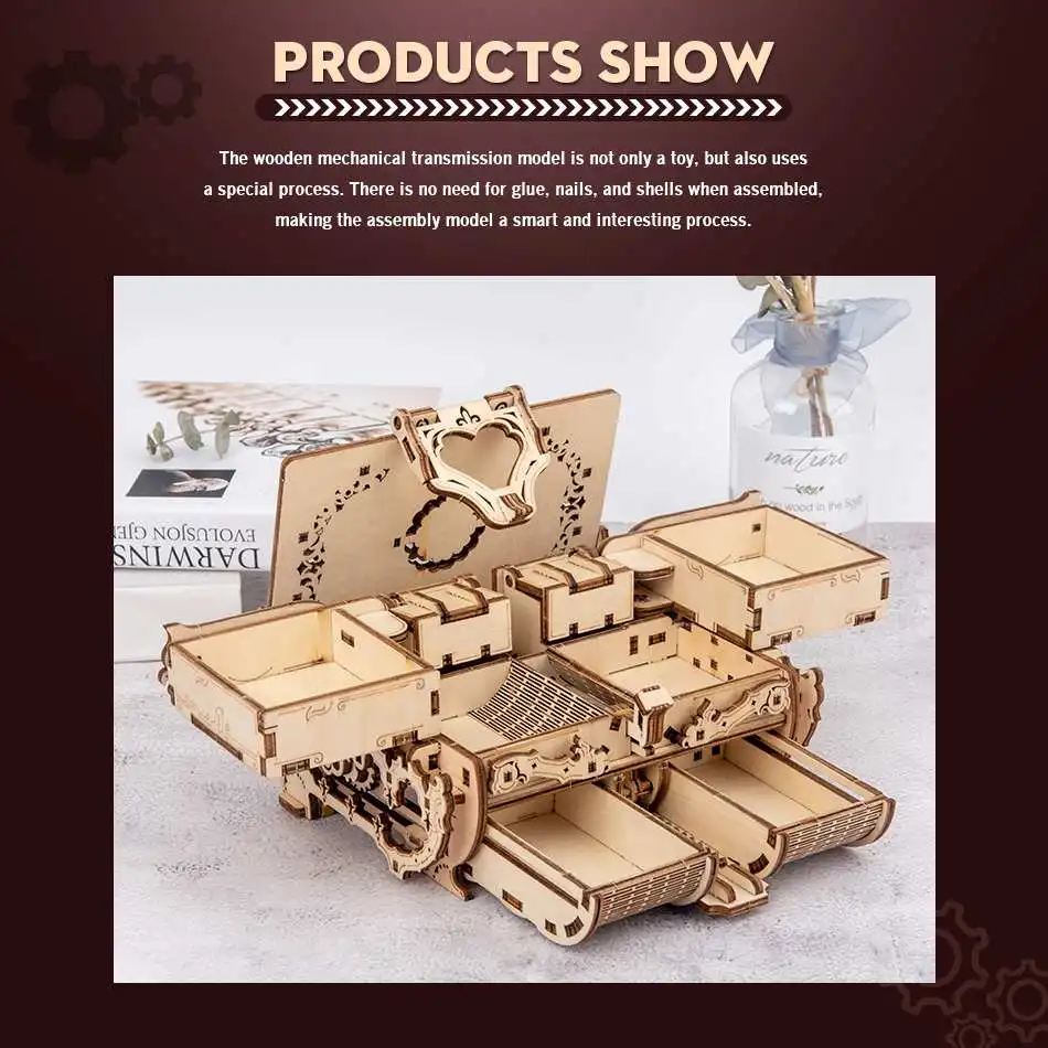 

New 3D Wooden Puzzle DIY Assembled Puzzle Creative Mechanical Transmission Antique Box Model Assembled Toy Jewelry Storage