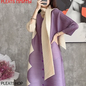Miyake Folds Color Matching Temperament Loose Dress Women 2022 Autumn And Winter Long Dress With Scarf large Size Vestido Women