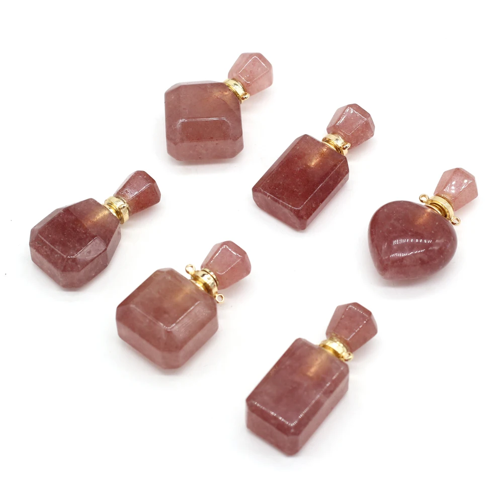 

1pcs Natural Crystal Strawberry Quartzs Stone Perfume Bottle Necklace Pendant Essential Oil Diffuser Necklace Charm Women Gift
