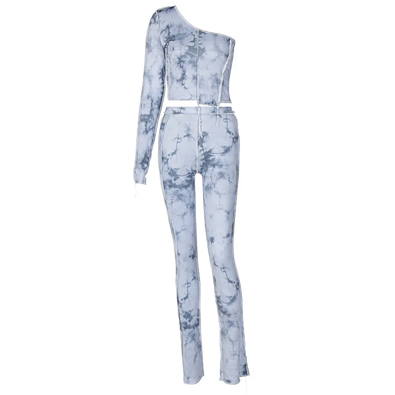 

2020 One-Shoulder Tie Dye Sexy Crop Top Leggings 2 Pieces Set Autumn Winter Women Streetwear Outfit Tracksuit