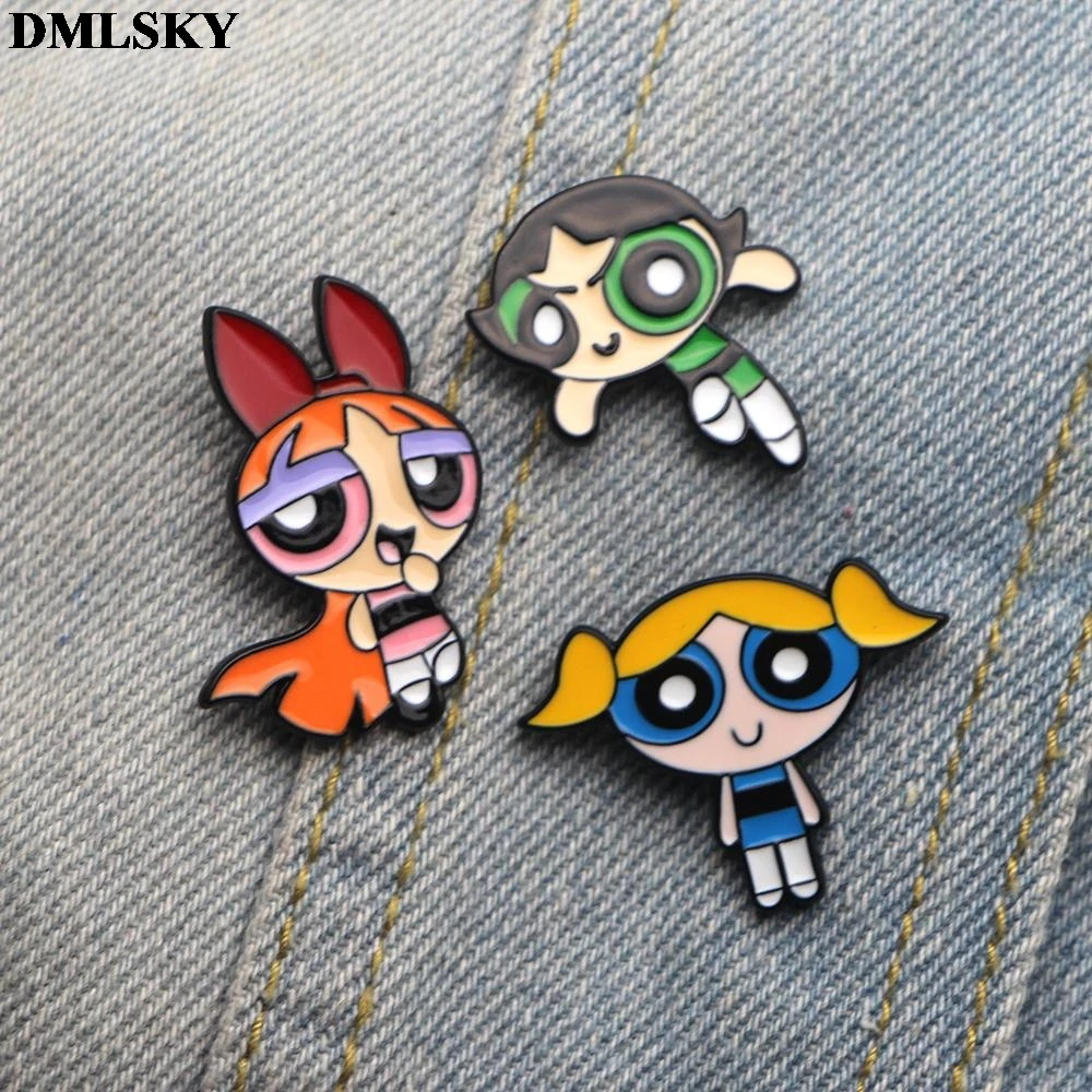 DMLSKY мультфильм каваи Powerpuff девушки булавки Одежда брошь на рюкзак Значки для женщин мужчин галстук булавка шляпа Металлические Булавки M2013