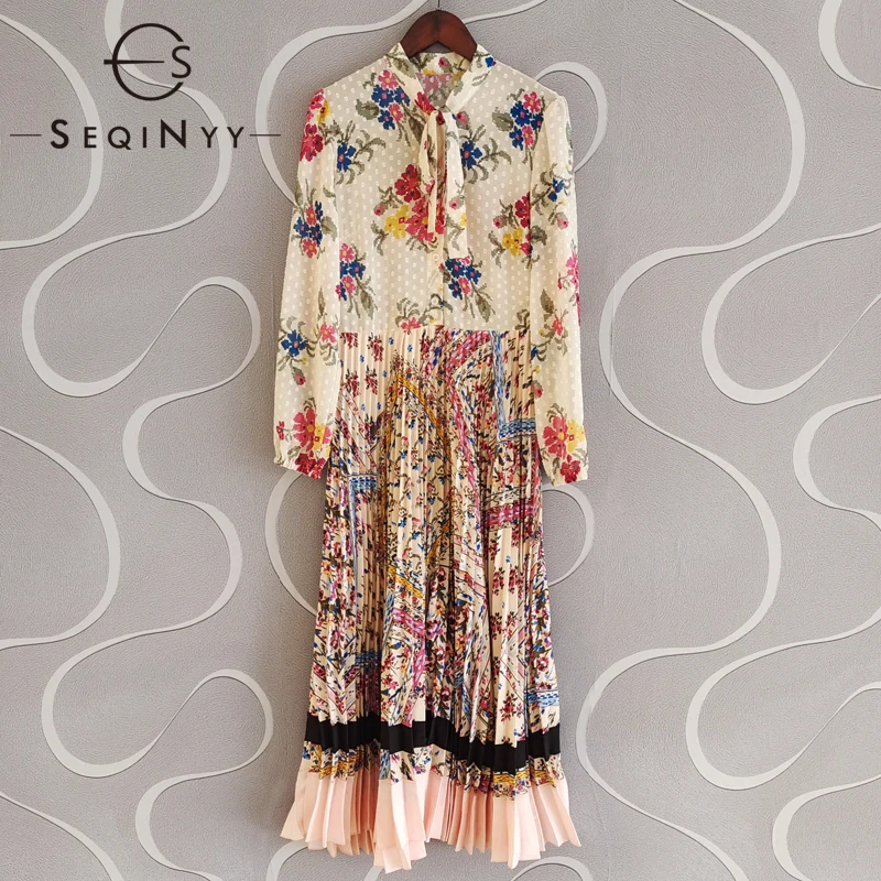 

SEQINYY Beige Midi Dress Summer Spring New Fashion Design Women Dot Flowers Print High Quality Pleated Casual