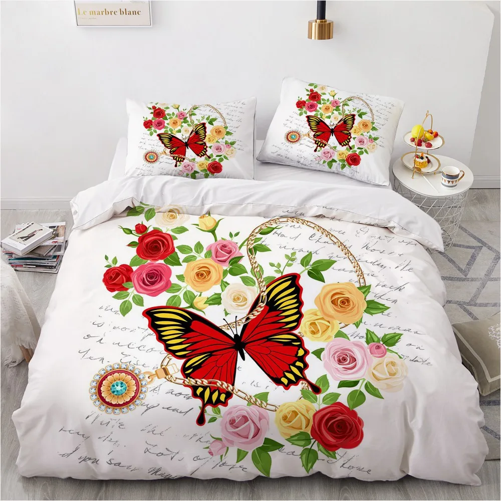 

Butterfly Quilt Cover Sets 3D Custom Design White Comforther Cover Pillow Sham King Queen Super King Twin Size Modern Bedclothes