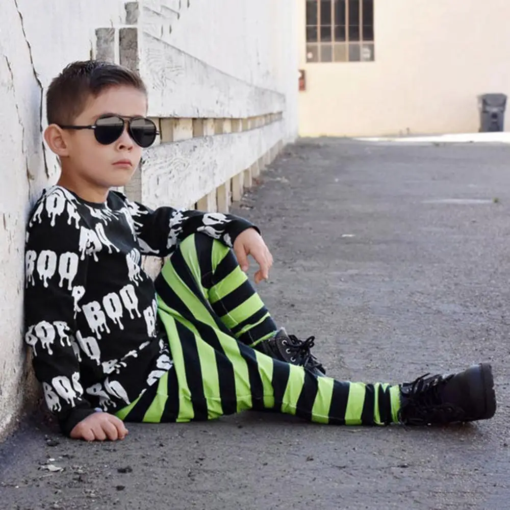 2019 Autumn Winter Fashion Toddler Baby Boy Girl Clothes Halloween Letter T-shirt Tops+Striped Pants Outfits |