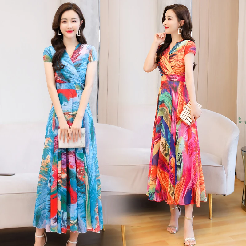 

Women Maxi Printed Chiffon Dress Summer 2022 Boho Retro Elegant Casual Party Beach Vacation Fairy Runway Long Vestido Korean New
