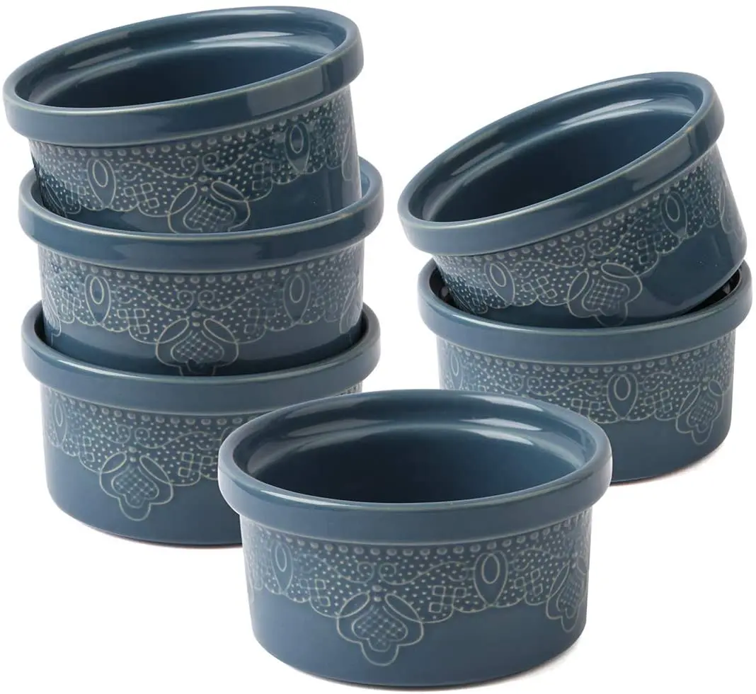 

FE Ramekins Set of 6, 240 ml Souffle Dish, Ceramic Lace Embossed Creme Brulee Dishes for Baking and Dipping Sauces, Oven Safe