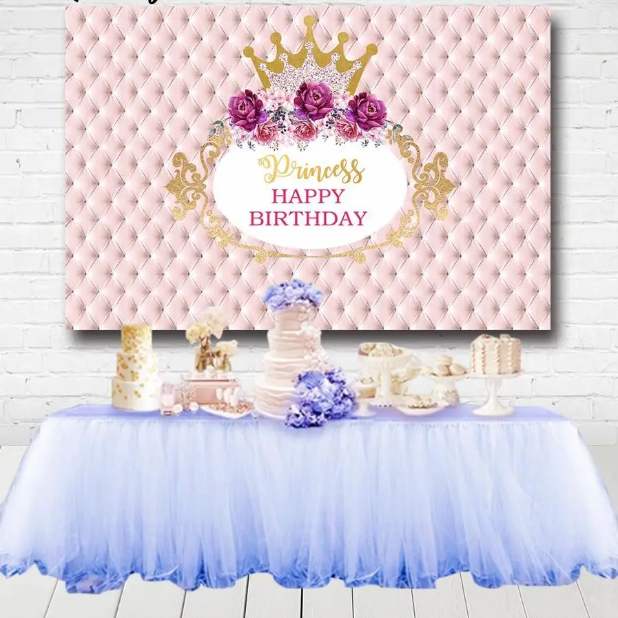 

Pink Flowers Girls Birthday Party Photography Backgrounds Crown Gold Frame Upholstered Headboard Backdrop Decorations
