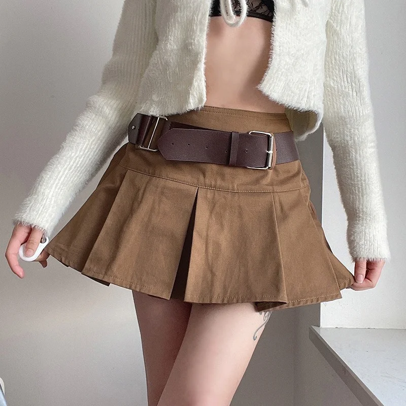 

Spring Summer Fashion Punk Harajuku Solid Hot Girl Mini Pleated Skirt Women High Waist Kawaii Khaki Skirts All-Match Streetwear