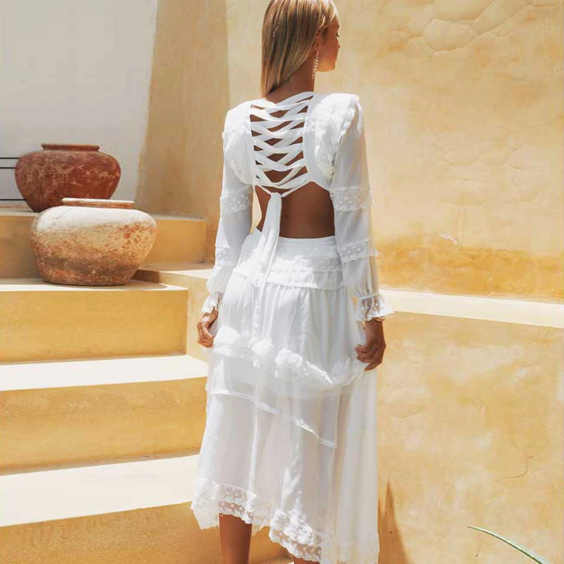 

Платье женское с открытой спиной, пикантное элегантное вечернее пляжное праздничное, супер шикарное белое ажурное, на шнуровке, с вышивкой, на лето