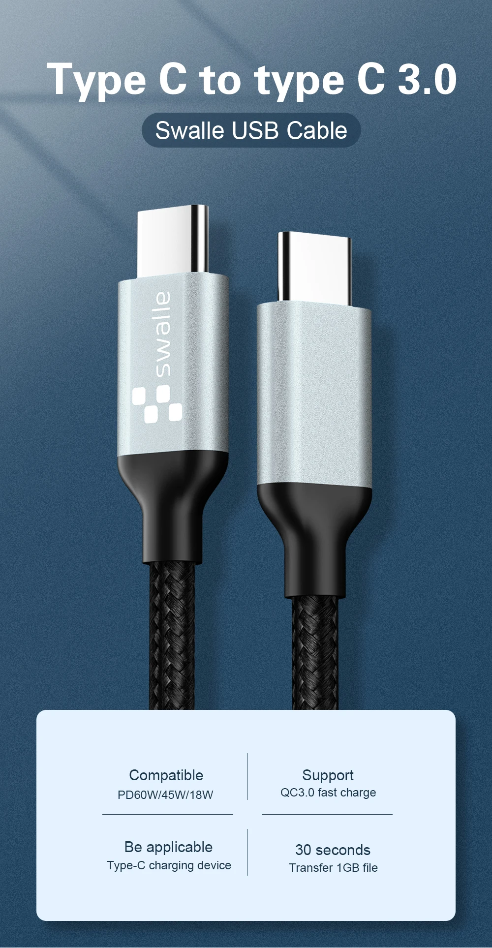 Swalle USB кабель типа C к type C 3,0 usb Дата-кабель для быстрой передачи данных зарядный шнур для телефона для Xiaomi Honor 8X9 USB C линия передачи данных Кабо usb 3,0
