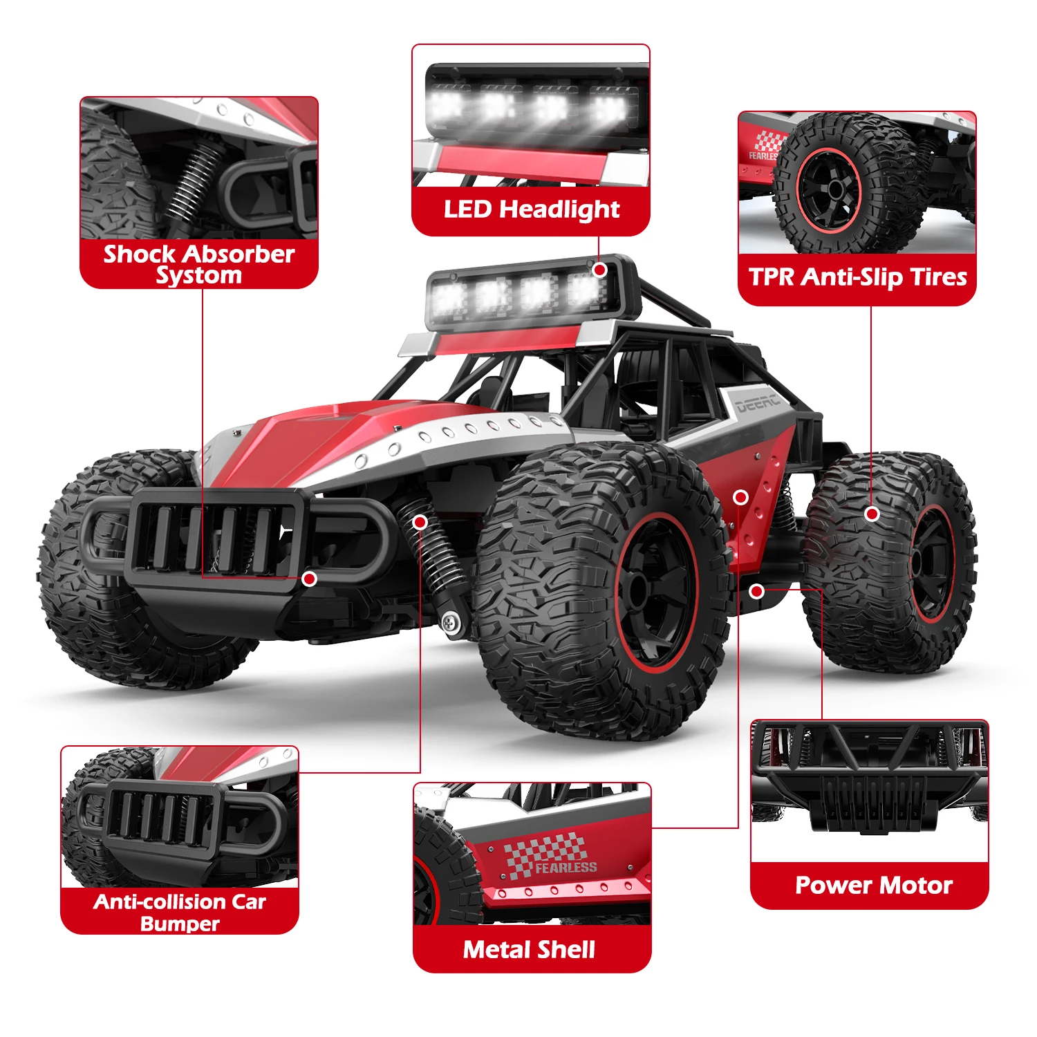 DEERC DE43 Remote Control Car RC Cars 1:14 Scale 2.4Ghz All Terrain Metal Shell Monster Hobby Truck with LED Lights&amp 2 Recharge | Игрушки