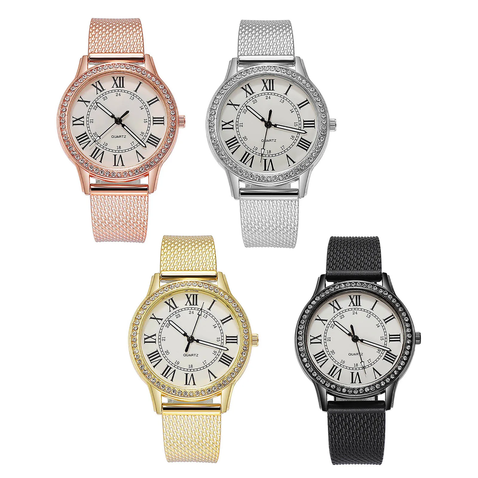 

4PCS Retro Simple' Roman Numerals Diamond Luminous Watch Ladies Quartz Watch Casual Sport Watches for Men Blue Top Brand