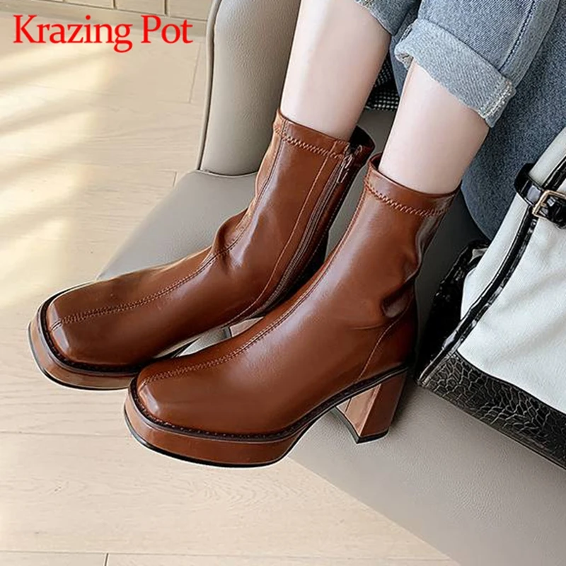 

Krazing Pot microfiber winter western boots daily wear square toe retro fashion high heels waterproof increasing ankle boots l22